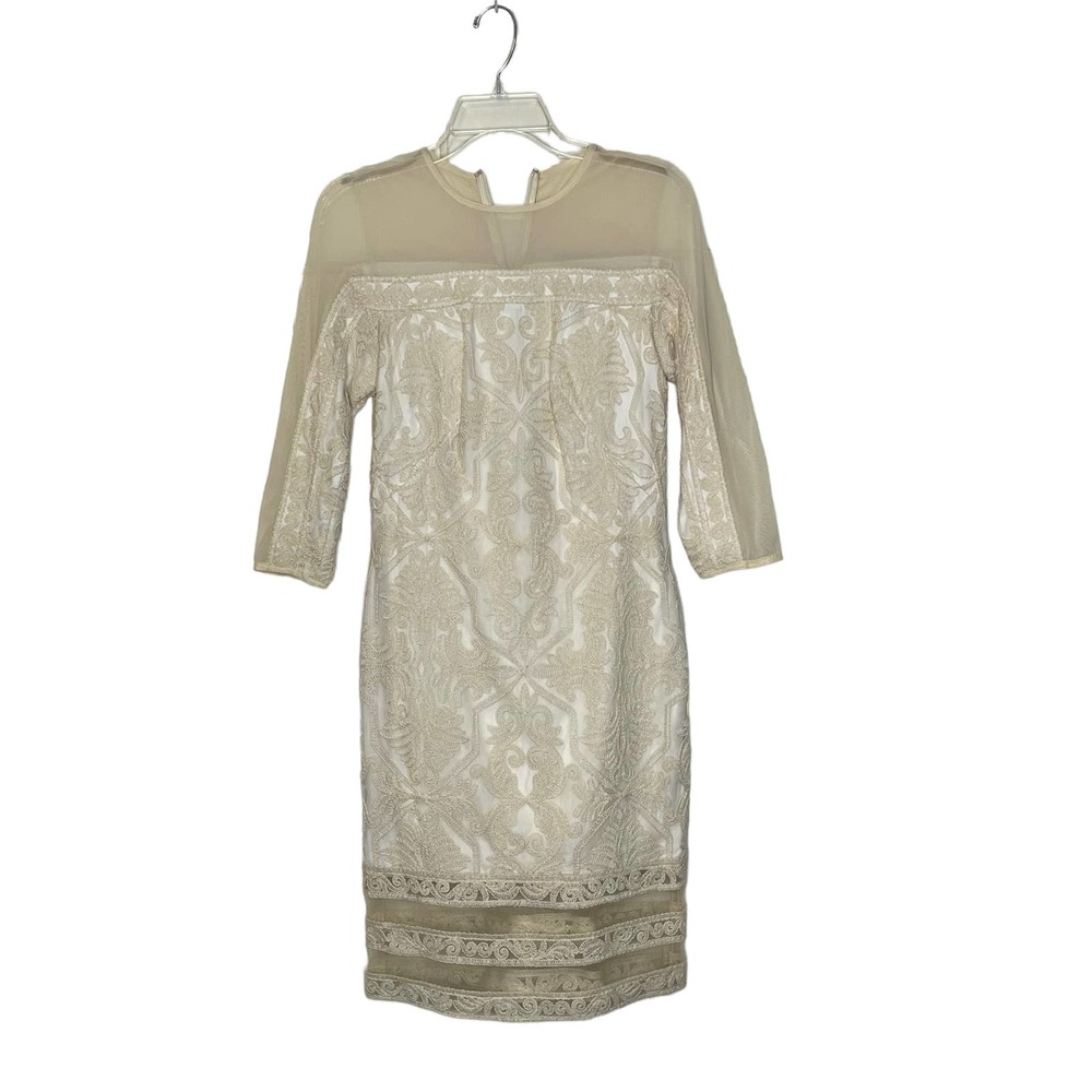 Tadashi‎ Shoji Embroidered Mesh Tulle Sheath Dress Lined 3/4 Sleeve  6 Women Tan
